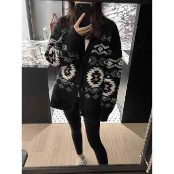 黑色重磅費爾島毛衣開衫女秋冬加厚寬松慵懶聖誕新年針織外套上衣