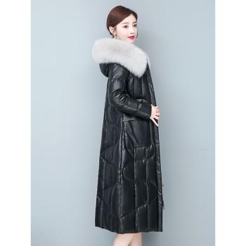 海寧真皮羽絨服女中長款2024冬季新款加厚綿羊皮狐貍毛領皮草外套