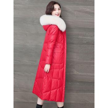 2024冬季新款海寧真皮羽絨服女中長款修身綿羊皮狐貍毛領皮衣外套