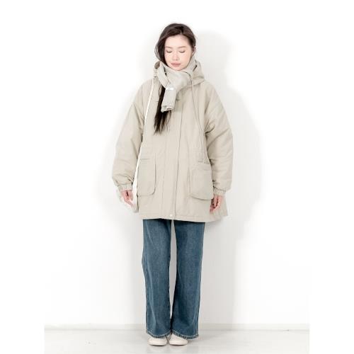 KNgs 冬季復古風寬松純色水洗做舊連帽工裝中長款棉衣外套女