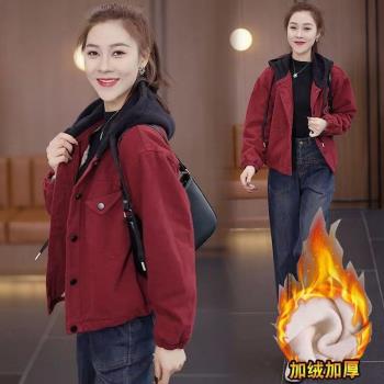 加絨加厚派克服女秋冬季新款韓版寬松休閑小個子保暖連帽牛仔外套