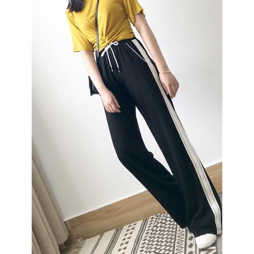 女春秋休閑運動闊腿褲學生條紋寬松健美操健身鬼步廣場舞蹈直筒褲