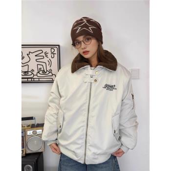 冬季新款雙面穿棉服外套女美式復古保暖加厚羊羔毛翻領情侶棉衣潮