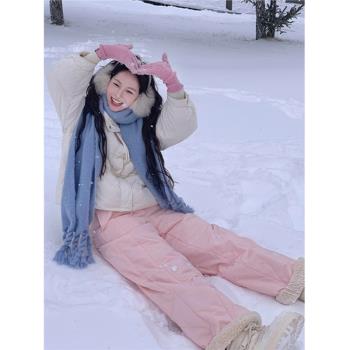 粉色羽絨棉褲女冬季外穿加絨加厚保暖羊羔絨褲子哈爾濱防寒滑雪褲