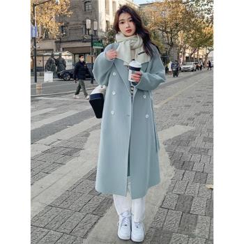 藍色呢子大衣女2024秋冬季新款韓版寬松加厚中長款系帶毛呢外套女