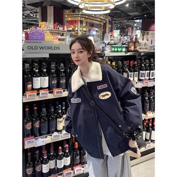 美式復古棒球服羊羔絨翻領棉服女冬季新款加厚保暖飛行服棉衣外套