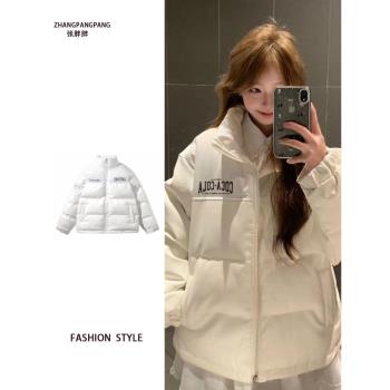 胖妹妹PU皮印花拼接棉襖棉服外套女冬季新款設計感立領加厚麵包服