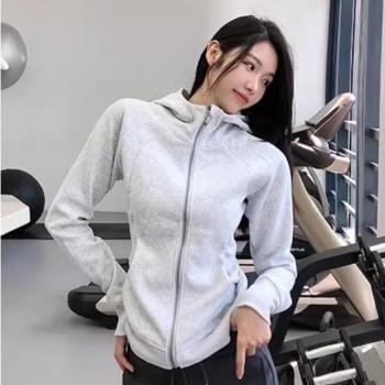 SUPDORX~修身運動外套女秋冬加厚瑜伽服跑步上衣拉鏈連帽衛衣