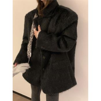 fanccy黑色皮草長毛毛呢西裝大衣外套女厚款時髦廓形寬松西服上衣