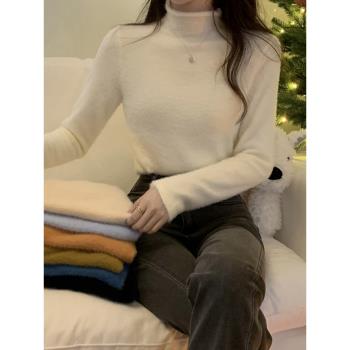 純色仿水貂毛保暖加厚內搭德絨針織打底衫上衣半高領毛衣女春秋季