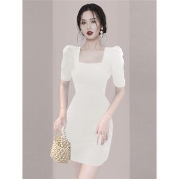 2023年秋季新品白色方領連衣裙子訂婚姐妹圖伴娘小禮服女平時可穿