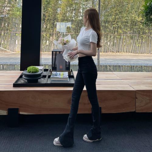 春秋微喇叭拖地褲加長褲子高個子高腰顯瘦緊身馬蹄牛仔褲