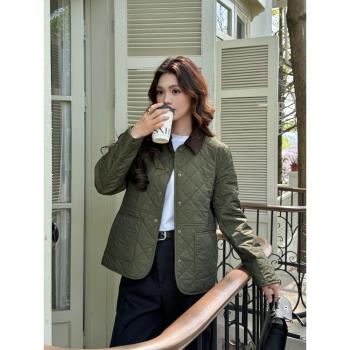 2024新款綠色菱形格輕薄棉衣棉服女秋冬季休閑保暖翻領外套夾克女