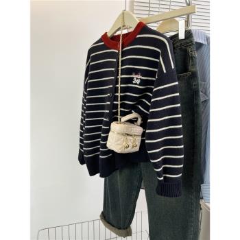 卡通刺繡條紋毛衣開衫外套女秋冬高階感內搭學院風減齡針織衫上衣