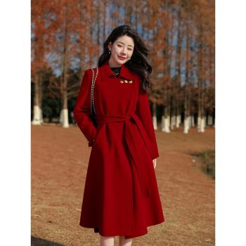 2024新款雙面羊絨大衣女冬高級感氣質女神範新年戰袍紅色毛呢外套