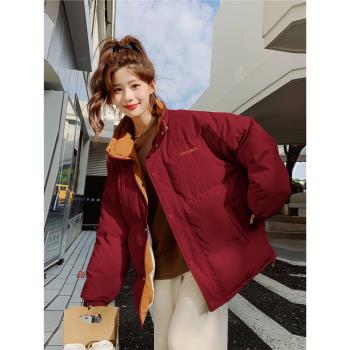 爆款聖誕紅色立領羽絨服女冬短款新年結婚加厚麵包服90白鴨絨外套