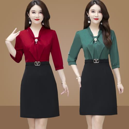 小個子媽媽夏裝a字包臀裙子短裙中年女裝高檔緞面半袖連衣裙洋氣