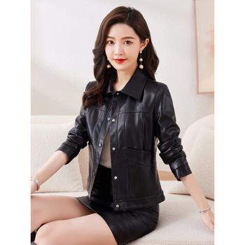 真皮皮衣女短款2024春秋新款百搭綿羊皮夾克修身大碼氣質外套潮
