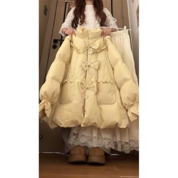 蝴蝶結羽絨棉服女冬季甜美設計感加厚保暖立領花苞棉衣麵包服外套
