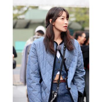 宋茜同款藍色復古菱格無領夾棉輕薄棉服女2024年新款冬季洋氣外套