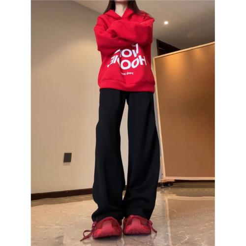 黑色美式彎刀衛褲女款秋冬直筒闊腿加絨褲子cleanfit運動休閑長褲