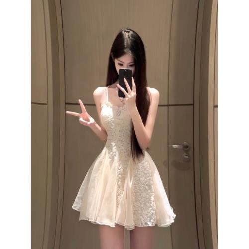 HEZA/禾至 胖mm高級感蕾絲吊帶連衣裙女夏小眾蓬蓬生日禮服裙