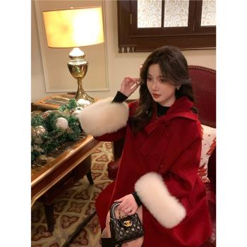 千金風紅色雙面羊絨大衣秋冬新款羊毛小個子斗篷毛呢子2024外套女