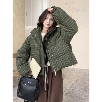 2025冬季新款韓版復古格子白鴨絨羽絨服女顯瘦保暖加厚立領短外套