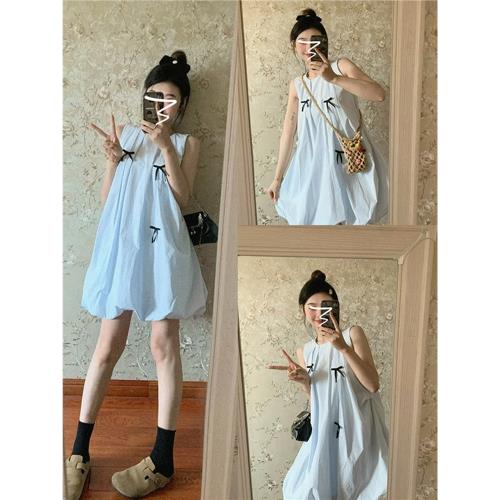 法式氣質小個子藍色無袖連衣裙子女裝夏季2025新款絕美花苞裙短裙