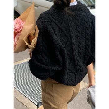 黑色毛衣女秋冬韓版寬松慵懶風粗線麻花圓領套頭加厚羊毛針織衫