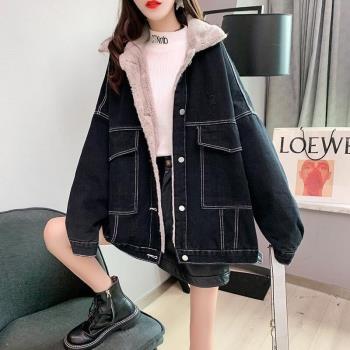 中長款加絨加厚牛仔棉服外套女2024年冬季寬松百搭羊羔毛保暖棉衣