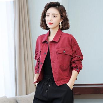 酒紅色短款牛仔外套女2024春秋季寬松百搭高階感長袖工裝夾克上衣