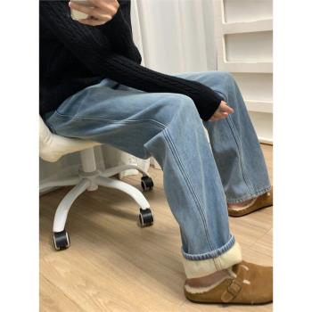 女士加絨加厚牛仔褲冬天顯瘦直筒褲大碼胖mm梨形身材褲子粗腿寬胯