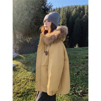 黃色大毛領工裝派克羽絨服女冬2025新款連帽沖鋒衣厚90白鴨絨外套