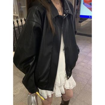 黑色復古皮衣外套女春秋2025新款韓版寬松小個子pu皮夾克上衣短款
