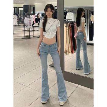 歐美式辣妹低腰毛邊顯瘦緊身彈力牛仔褲女春秋復古微喇叭拖地長褲