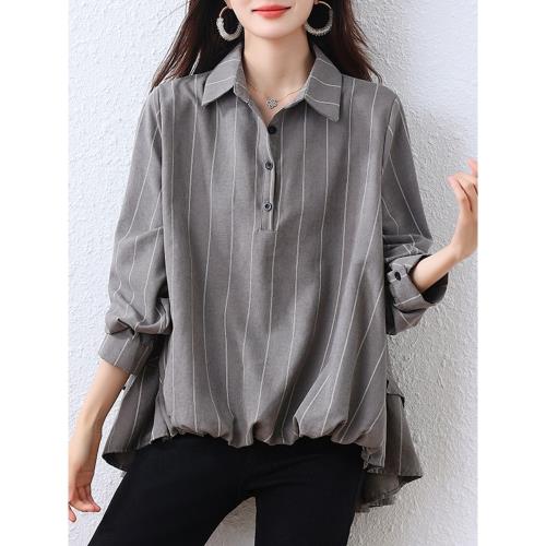 九月墨陌法式時尚襯衫女士秋裝寬松長袖百搭條紋襯衣遮肉顯瘦上衣