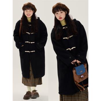 VOUSALME 23FW/黑色連帽牛角扣毛呢大衣女加厚加絨保暖中長款外套