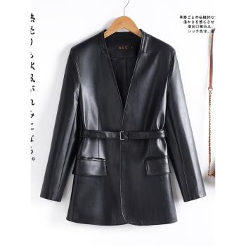 2024春秋新款真皮皮衣女中長款小西服系帶收腰風衣綿羊皮夾克外套