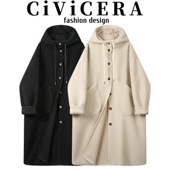 CIVICERA慵懶風寬松長款羊羔毛大衣女秋冬小個子皮毛一體連帽外套
