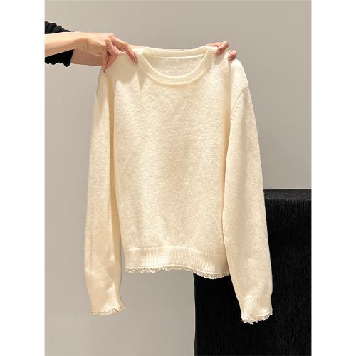 一整套裝杏色蕾絲下擺針織打底衫女秋冬新款修身顯瘦長袖內搭上衣