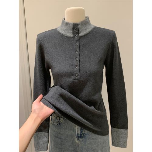 亨利半開領撞色打底針織衫長袖上衣女秋冬立領修身顯瘦半高領毛衣