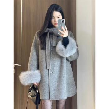 小香風蝴蝶結毛呢斗篷大衣女秋冬韓系高階感毛袖口中長款呢子外套