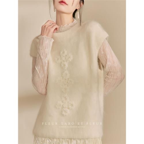 喬與花樽法式簡約白色毛衣馬甲背心軟糯寬松套頭上衣春季新款女裝