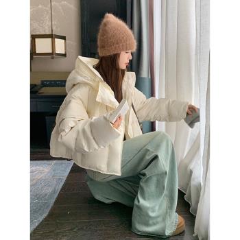 米白色兩穿可拆袖連帽短款羽絨服