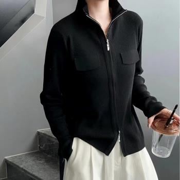 雙拉鏈口袋蓋立領針織開衫秋季新款女裝休閑顯瘦翻領純色毛衣外套