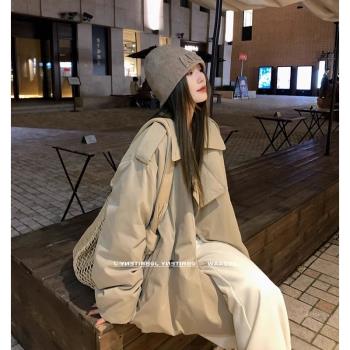 翻駁領簡約工裝羽絨服韓版設計感寬松冬季風衣90白鴨絨保暖外套女