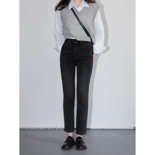 twosweet立顯筷子腿修身直筒褲女實穿雙扣高腰彈力牛仔九分褲深灰