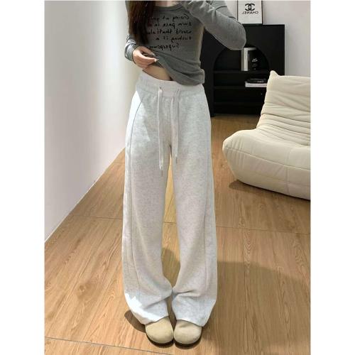 灰色lulu同款運動褲女春秋加絨小個子闊腿褲窄版直筒褲香蕉衛褲子