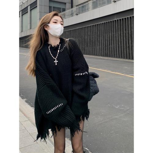 秋冬慵懶風流蘇黑色毛衣女套頭外穿寬松不規則中長款針織上衣加厚
